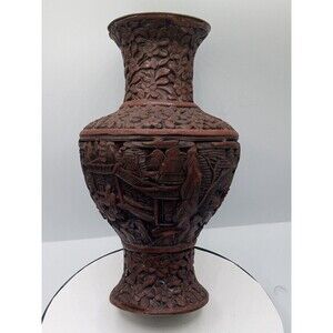 Chinese Cinnabar Vase Carved Super Rare Piece Original Antique 8 1/2" Tall